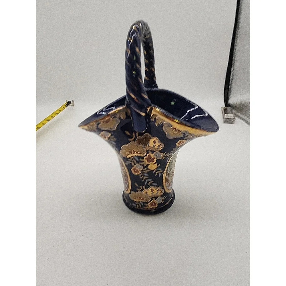 Porcelain Basket w/Handle, Cobalt‎ Blue 9 1/4